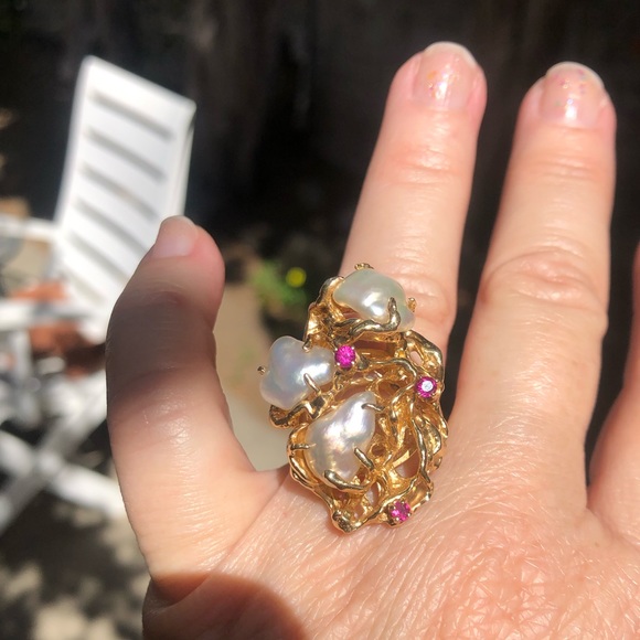 Exquisite 14k gold mother of pearl and rubies ring 7.75 cocktail party big 16g - Picture 5 of 8